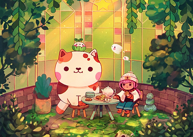 Cute Cat and Girl Tea Party