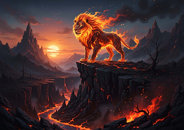 Fiery Lion on Volcanic Cliff