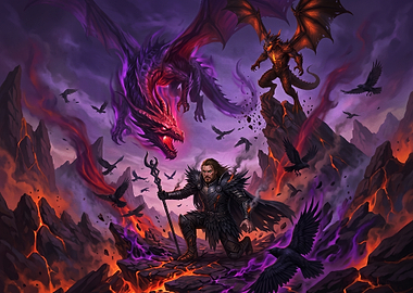 Fantasy Battle with Dragons and Warrior