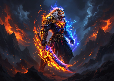 Tiger Warrior with Fiery Sword