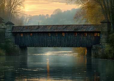 Covered bridge over a misty river at dawn