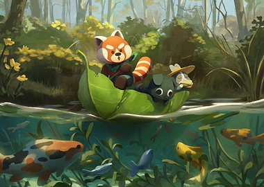 Cute animals in a leaf boat