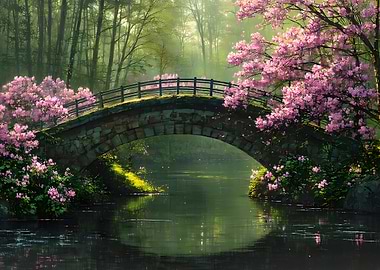 Stone bridge with cherry blossoms over water