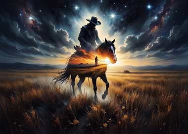 Cowboy Riding Horse Under Starry Sky