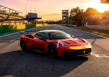 Maserati MC20 on a Racetrack at Sunset