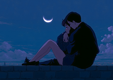 Anime Couple Embracing Under the Crescent Moon