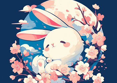 Cute Bunny Among Cherry Blossoms