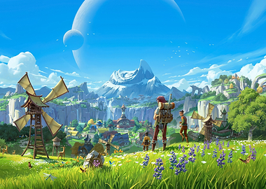 Fantasy Village with Travelers and Mountains