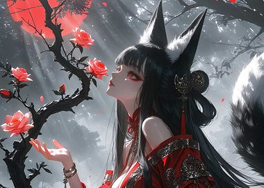 Kitsune Girl with Roses