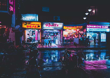 Neon-lit street scene at night