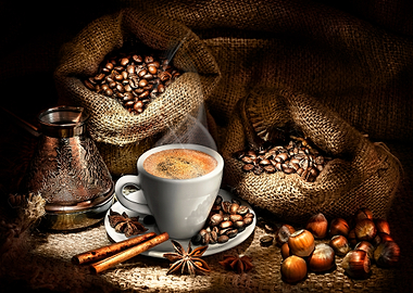 Coffee Beans and Turkish Coffee Pot