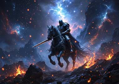 Knight Riding Horse in Cosmic Landscape