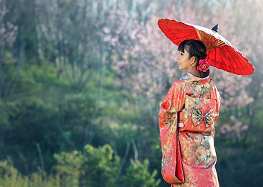 Woman in Kimono with Red Umbrella