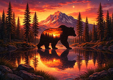 Bear Silhouette Sunset Reflection