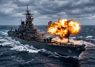 USS Iowa Battleship Firing Main Guns