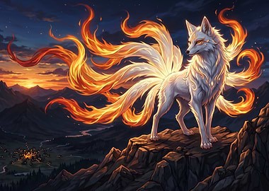 Majestic Nine-Tailed Fire Fox on Mountain