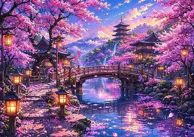 Mount Fuji and Sakura Garden Scene