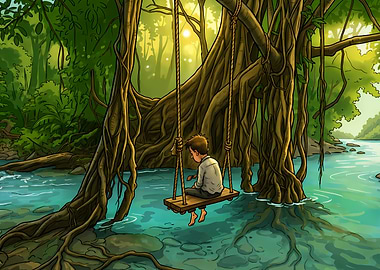 Boy Sitting on Swing in Jungle