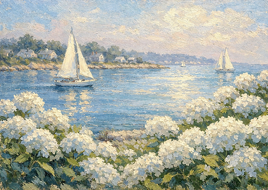 Vintage Coastal Sailboat Hydrangea Seascape