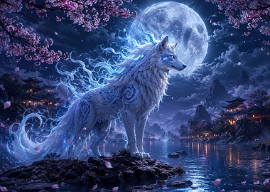 Mystical Spirit Wolf Under Full Moon