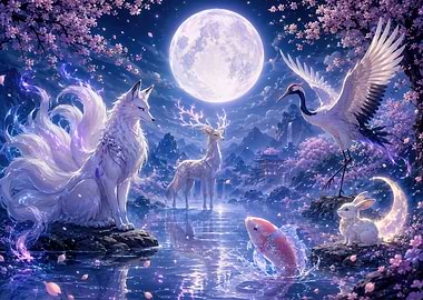 Enchanted Forest Animals Under Full Moon