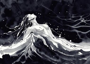 Ethereal Woman Emerging from Ink Waves