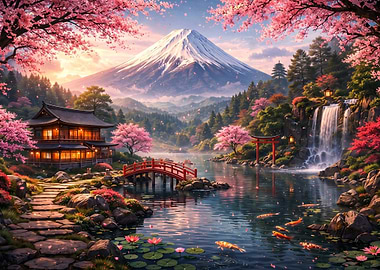 Mount Fuji and Traditional Japanese Garden