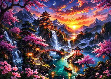 Enchanted Japanese Temple at Sunset