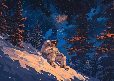 Astronaut Resting in Snowy Forest