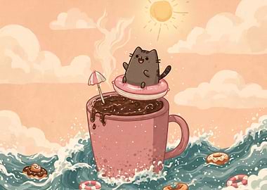 Pusheen Cat Floating in Coffee Cup