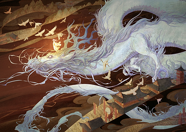 Ethereal White Dragon Over Ancient Architecture