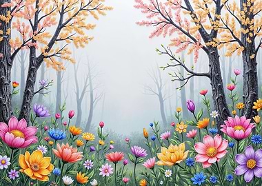 Vibrant Wildflower Meadow in Misty Forest