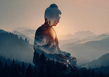 Double Exposure Buddha Mountain Landscape
