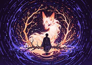Mystical Fox Spirit and Human Silhouette