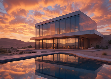 Modern Glass Villa in Desert Sunset