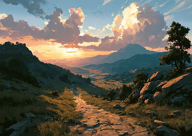 Golden Sunset Over Mountain Valley Path