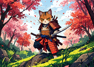 Samurai Cat in Autumn Forest