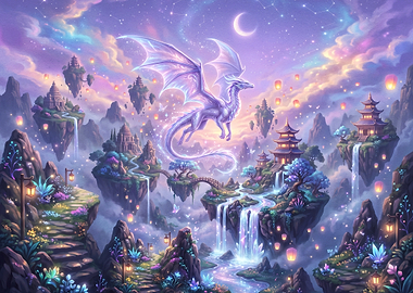 Ethereal Dragon Over Floating Asian Temples