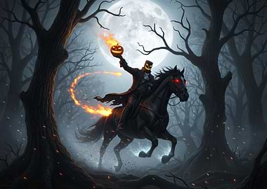 Headless Horseman Riding Through Dark Forest