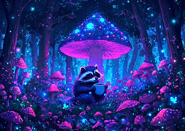 Raccoon Drinking Coffee in Neon Forest