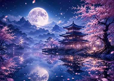 Moonlit Japanese Temple with Cherry Blossoms
