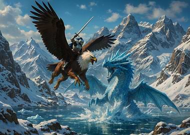 Knight Riding Eagle Fighting Ice Dragon