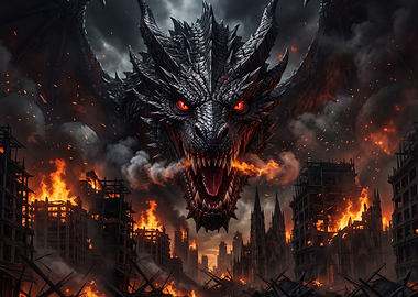 Fierce Dragon Destroying City in Flames