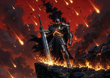 Dark Knight Standing Amidst Meteor Shower