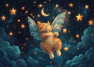 Cute Winged Kitten Floating Among Stars