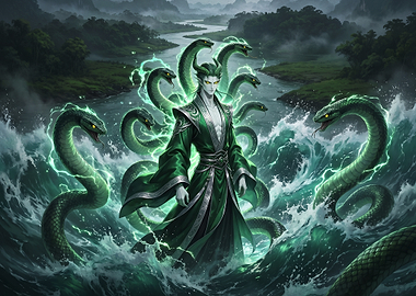 Green Serpent Sorcerer in Stormy Waters