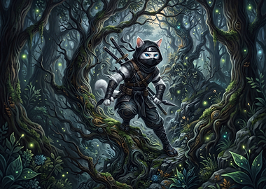 White Ninja Cat in Enchanted Forest