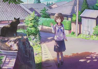 Anime Girl Waving at a Cat