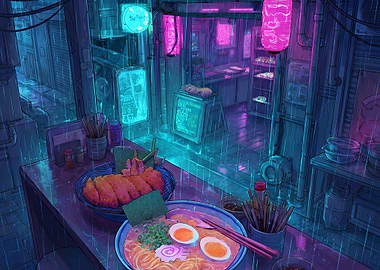 Cyberpunk Ramen Shop in the Rain