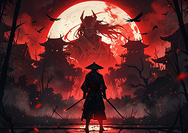 Samurai Facing a Demon Under Red Moon